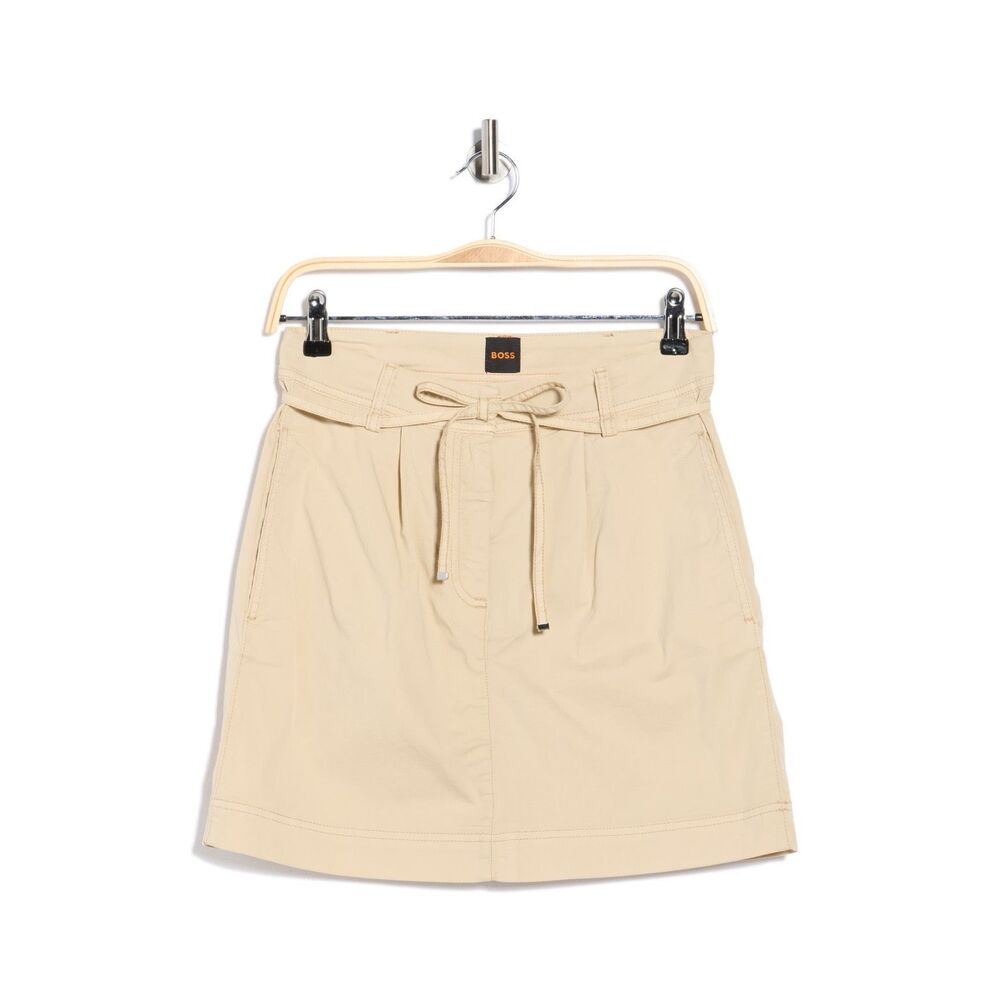 Hugo Boss Orange Varachute Belted Front Zip Stretch Cotton Miniskirt Beige 2